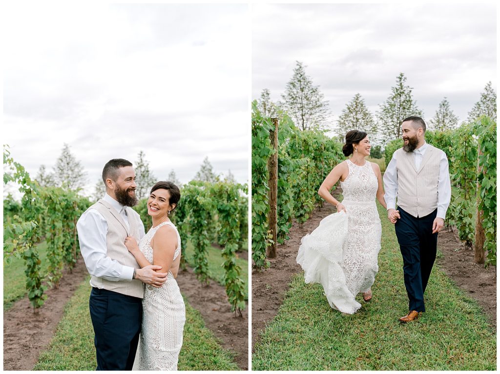 Bride and groom in vineyard at Redeemed Farm