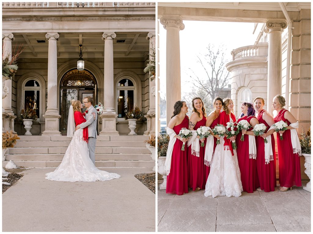 Red wedding scarves, white wedding scarves, candid bridal party photo, fun bridal party photo, city wedding photos, historic mansion wedding, red and white wedding colors