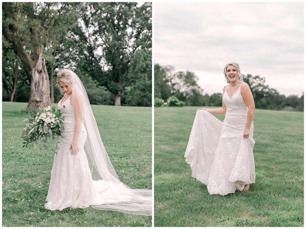 Bridal portrait session bride playing with lace wedding dress in grass
