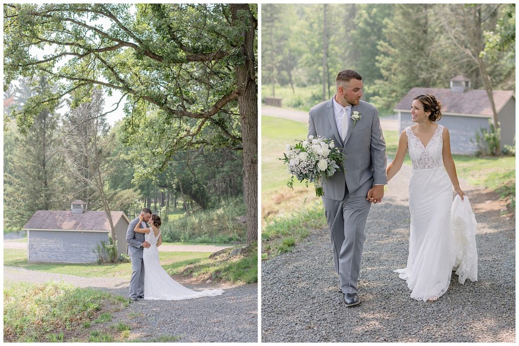 Romantic bride and groom walking portraits Big Rock Creek WI Wedding