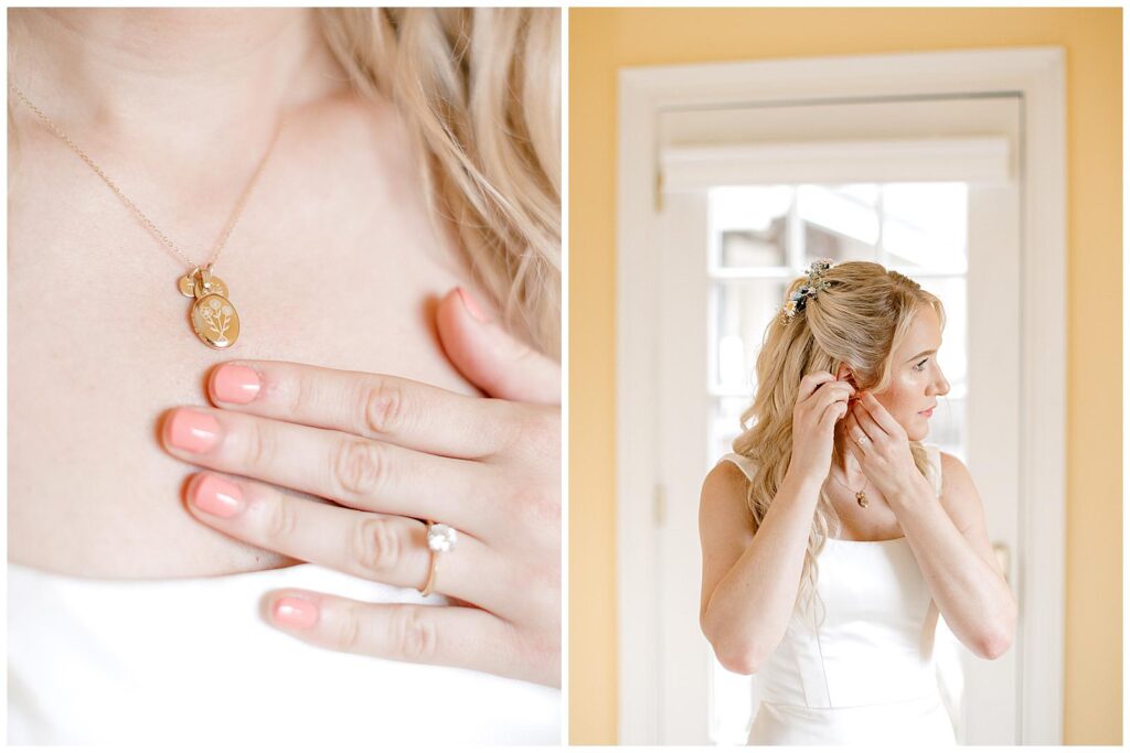 Bride puts on her jewelry before her Newport wedding ceremony