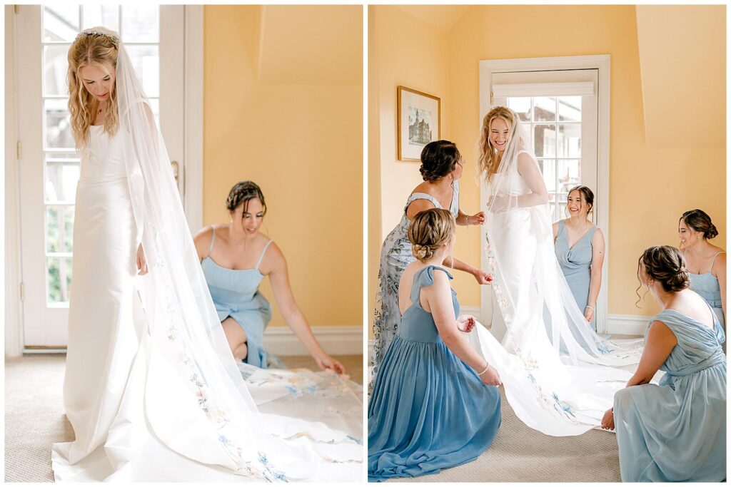 Bridesmaids help primp the bride before she takes bridal photos in Newport, RI