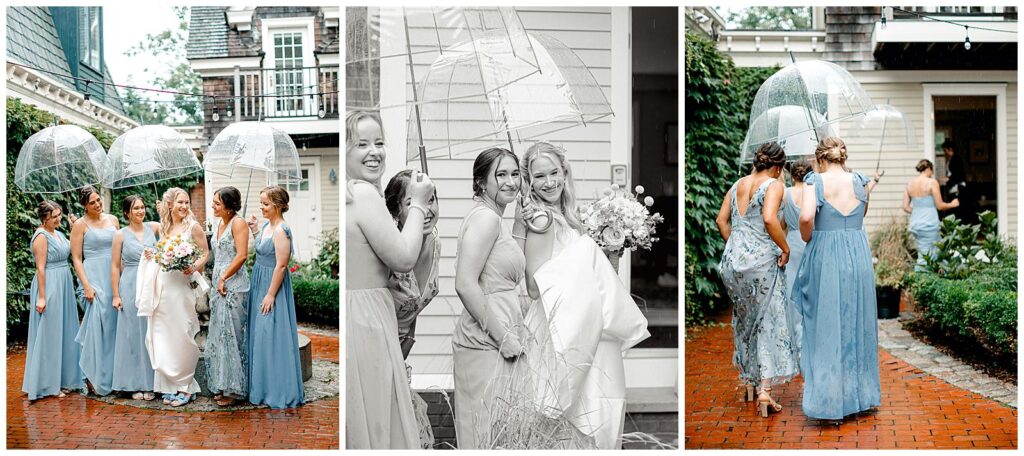 Bridesmaid photos in the rain at Pelham Court Hotel's courtyard in Newport, RI