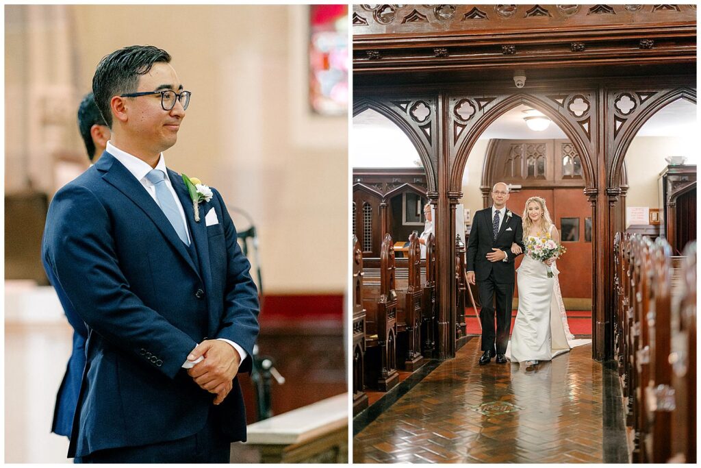 Groom watches bride walk down the aisle at St. Mary's Catholic Church in Newport, RI