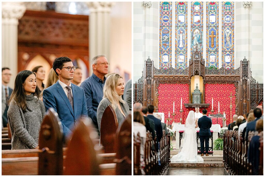 Guests watch bride and groom at their St. Mary's Catholic Church wedding ceremony