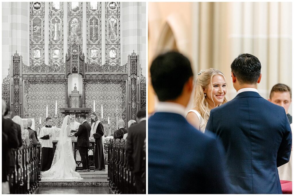 Bride and groom exchange rings at their St. Mary's Catholic Church wedding ceremony in Newport, RI