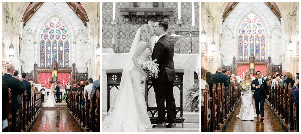 Bride and groom kiss at their St. Mary's Catholic Church wedding ceremony in Newport, RI
