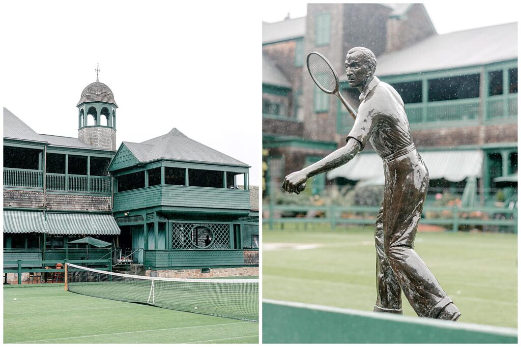 Statues and tennis court at International Tennis Hall of Fame wedding