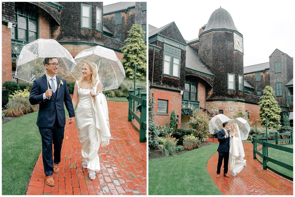 Rainy Bride and groom photos at International Tennis Hall of Fame in Newport, RI