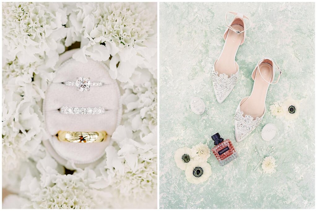 Bride's wedding shoes, rings, and perfume.