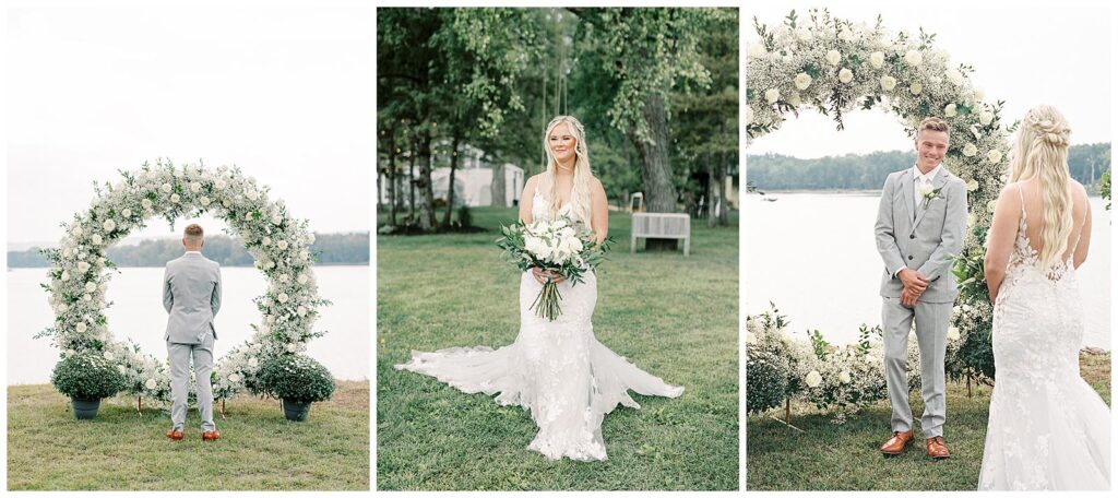 Bride and groom's first look before their tented Wisconsin wedding