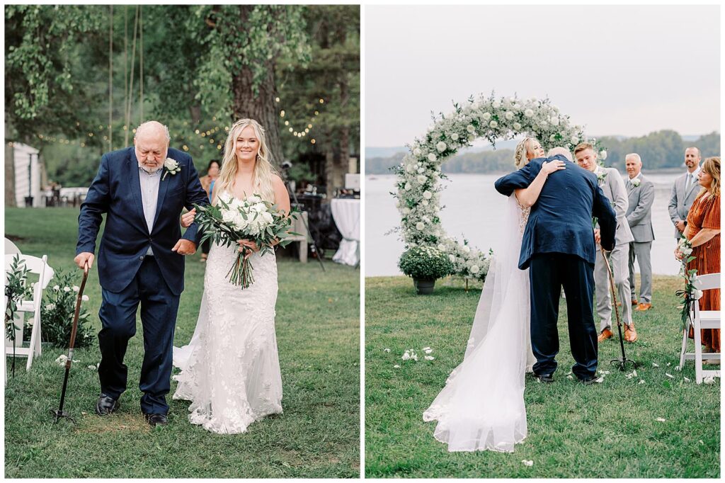 Bride's grandfather walking her down the aisle at her tented Wisconsin wedding ceremony.