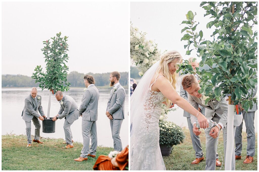 Bride and groom plant a tree during their Wisconsin wedding ceremony.