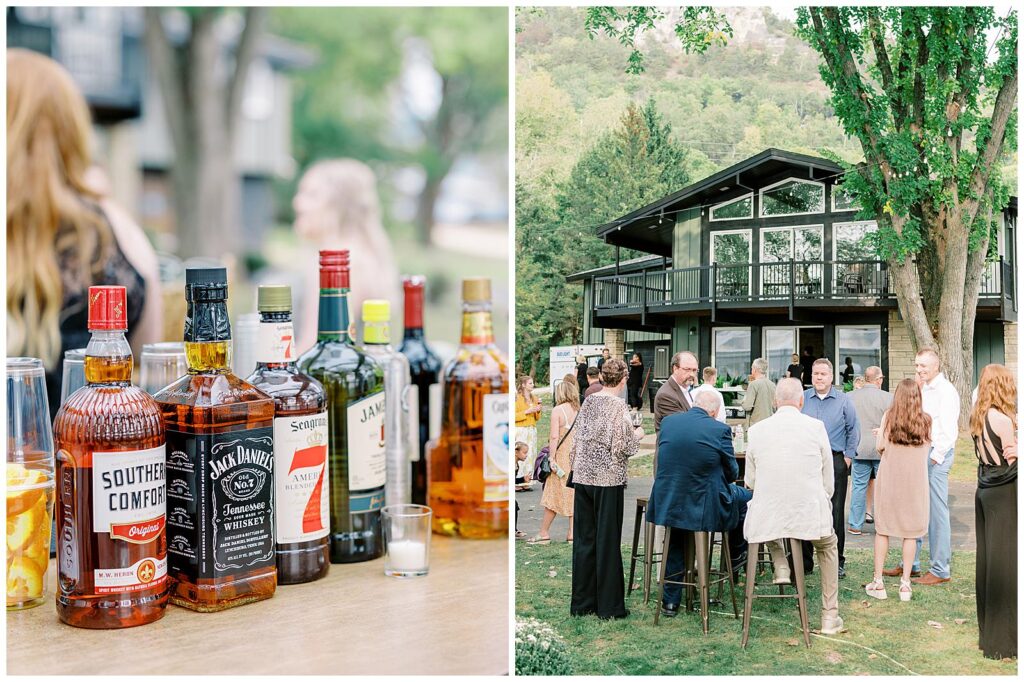 Guests enjoying cocktail hour at a tented Wisconsin wedding