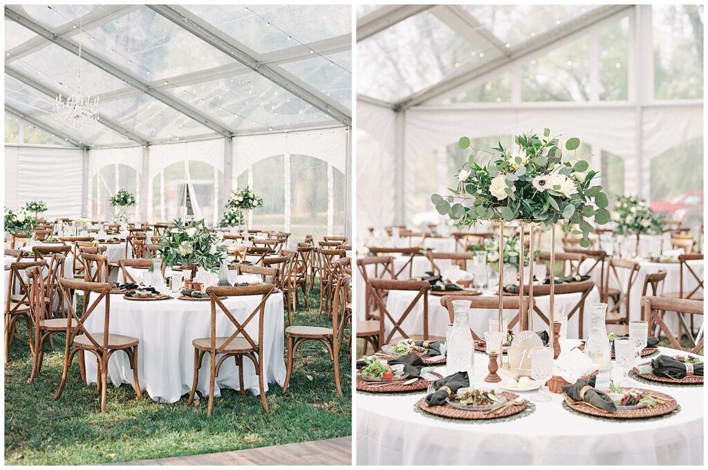Elevated rustic reception decor at a tented Wisconsin wedding