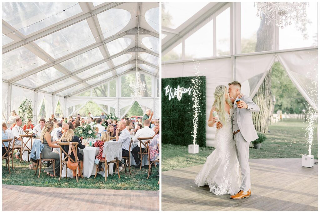 Bride and groom enter their tented Wisconsin wedding reception