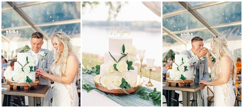 Bride and groom cut their cake during their tented Wisconsin wedding reception.