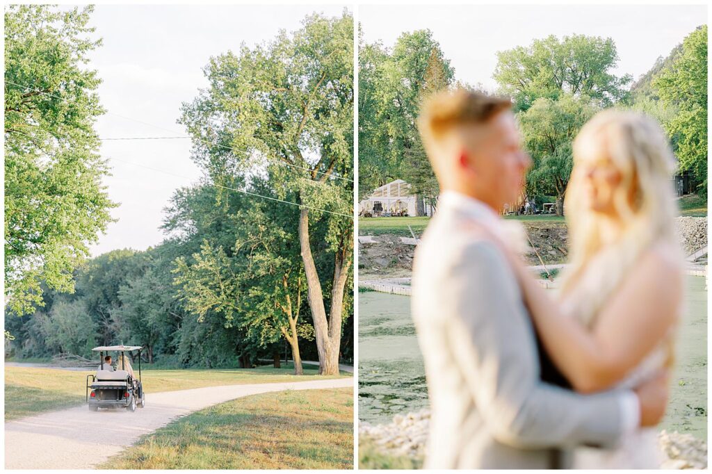 Bride and groom drive in a golf cart to take golden hour photos.