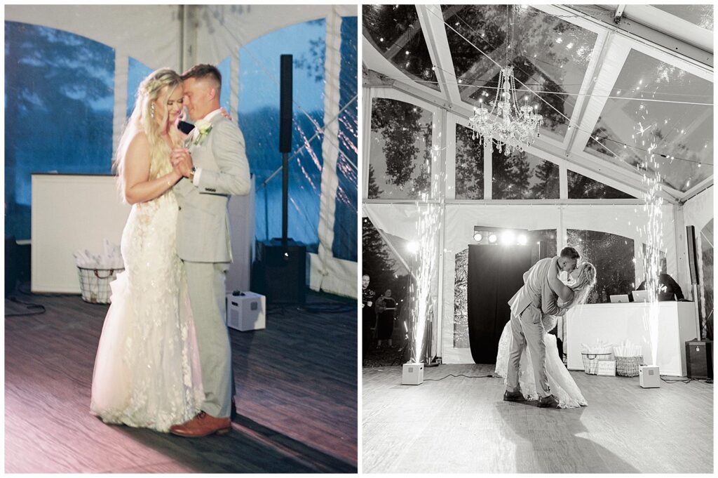 Bride and groom share their first dance at their tented Wisconsin wedding.