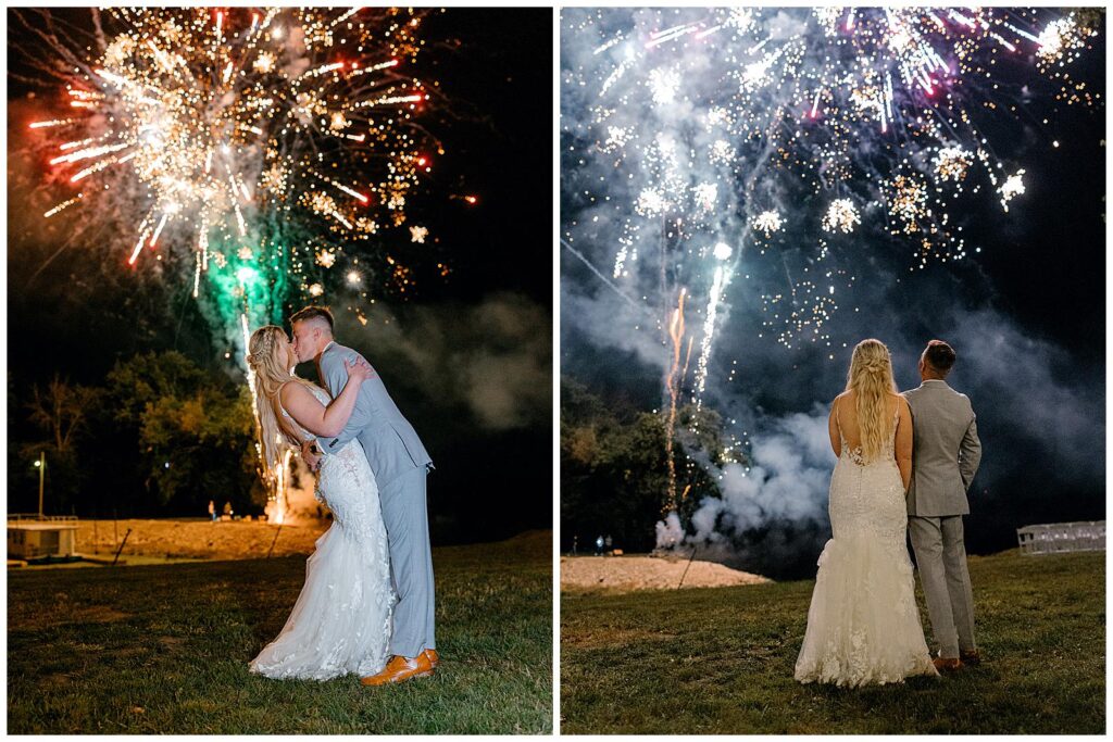 Bride and groom kiss as fireworks go off during their tented Wisconsin wedding reception.