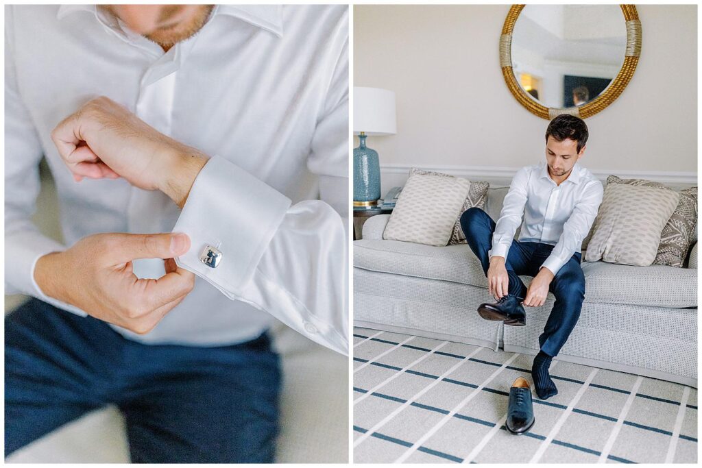 Groom puts his cufflinks and shoes on before his Chatham Bars Inn wedding.