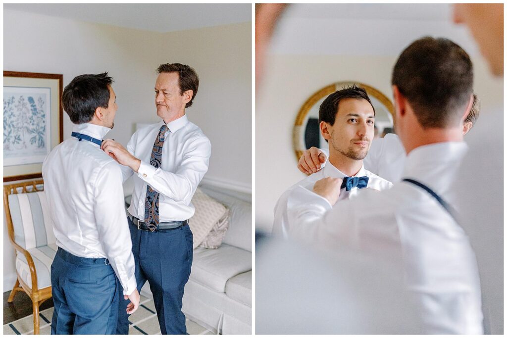 Father of groom and groomsmen help groom tie his bowtie at Chatham Bars Inn.