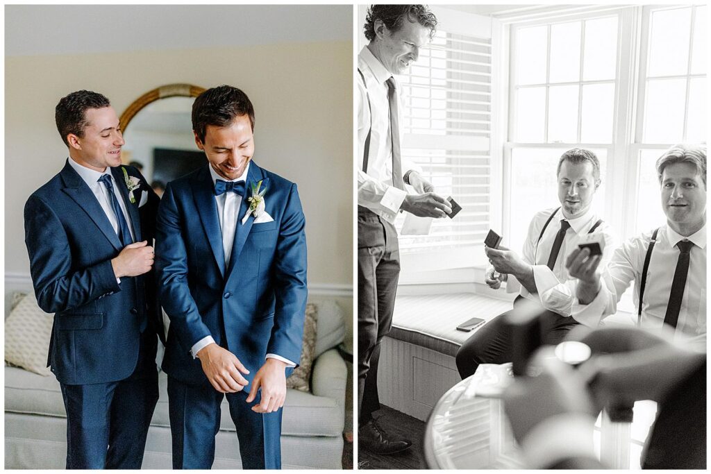 The best man helps the groom put his jacket on and the groomsmen open their gifts from the groom.