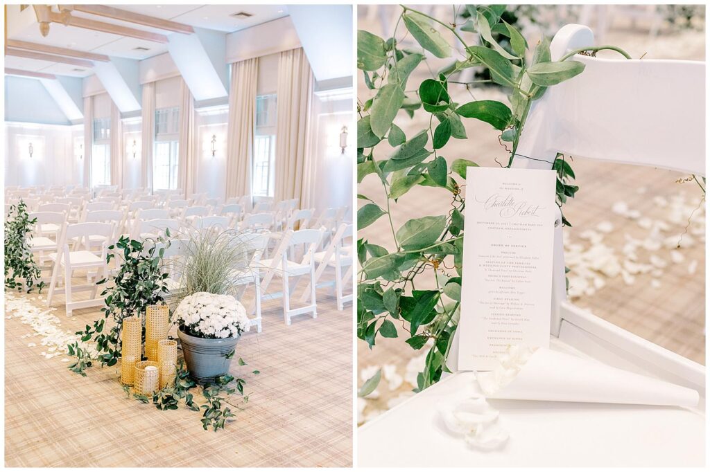 White flowers and greenery line the aisle at Chatham Bars Inn.