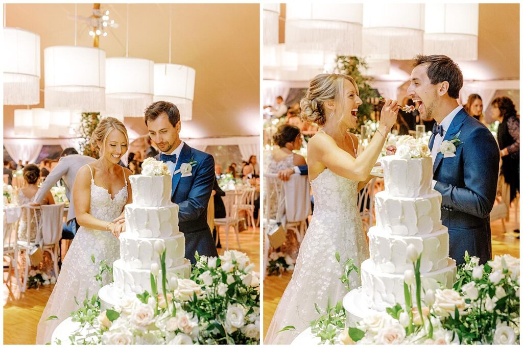 The bride and groom cut their cake at their Chatham Bars Inn wedding reception.