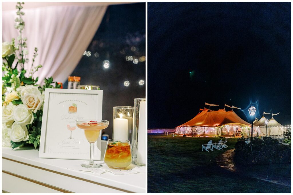 Signature drinks and the wedding tent at night at Chatham Bars Inn.