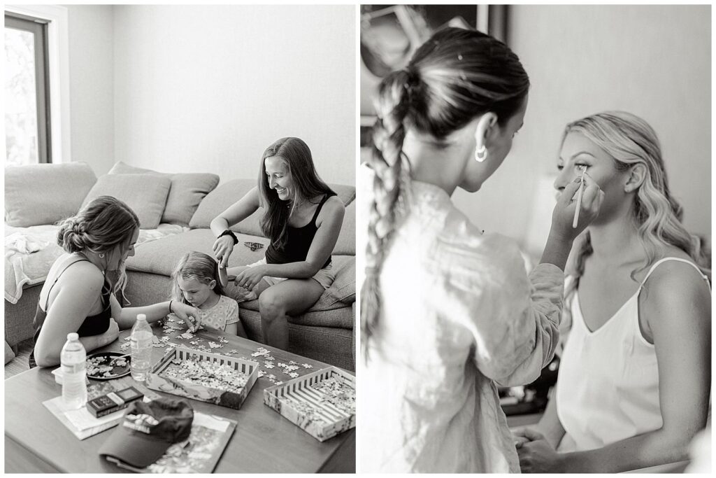 Bride and bridesmaids getting ready for their Maine wedding photos