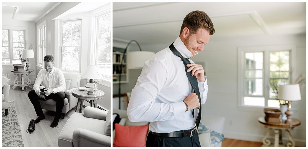 Groom gets ready for his private residence Maine wedding