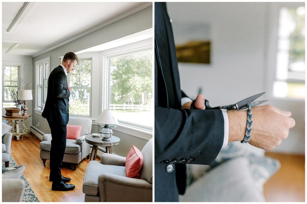 Groom puts on his suit jacket before his Maine wedding