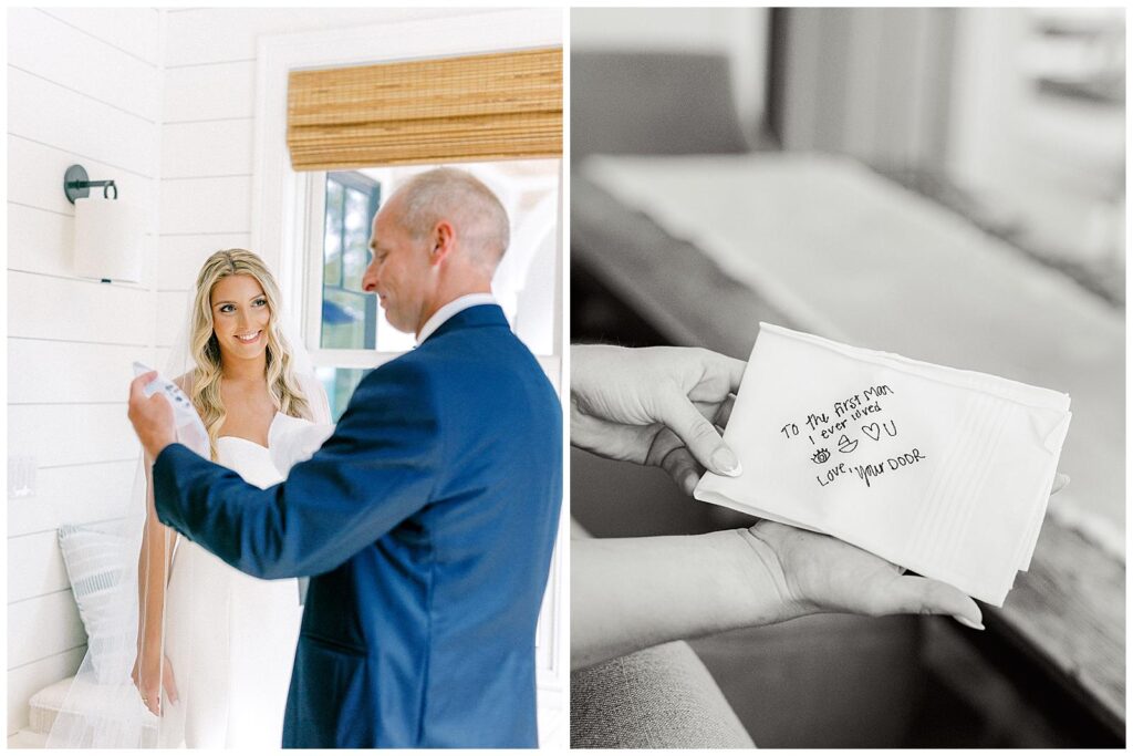 Bride gives dad an embroidered handkerchief as a wedding gift.