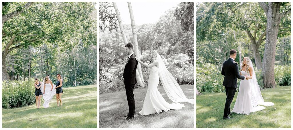 Bride and groom share a first look before taking their Maine wedding photos