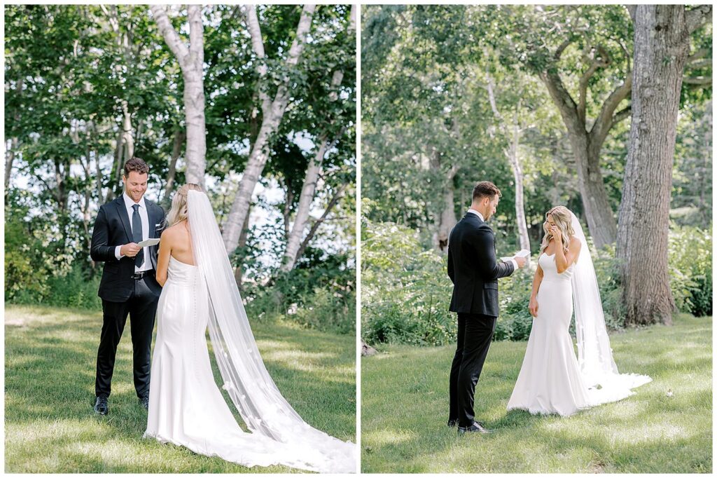 Bride and groom share private vows before their coastal Maine wedding ceremony.