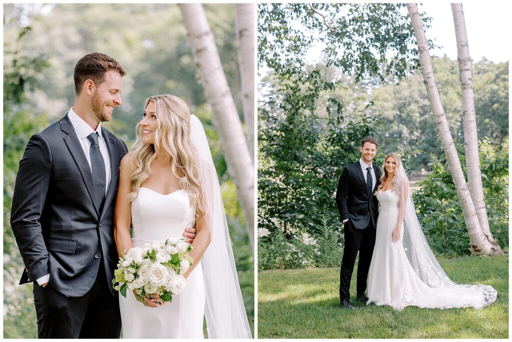 Bride and groom smile at each other in their Maine wedding photos