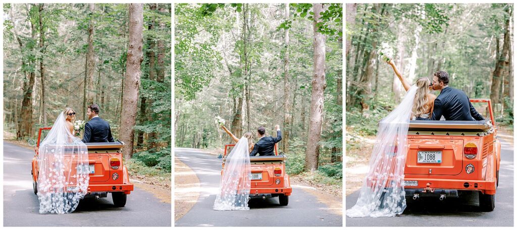 Bride and groom in an orange vintage jeep near Portland, Maine.