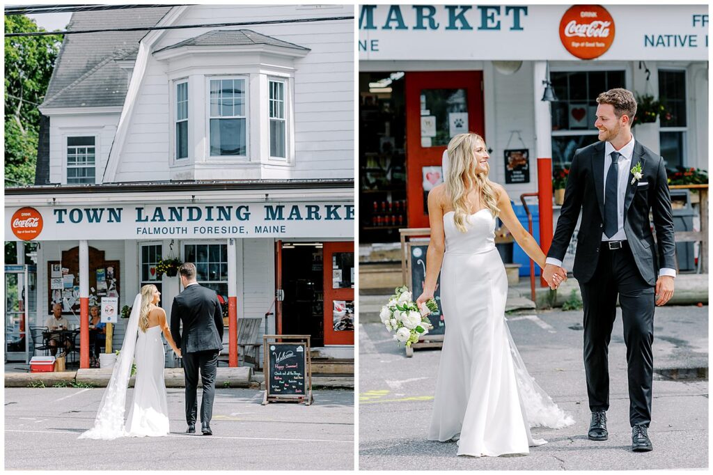 Bride and groom pose outside the Town Landing Market in Falmouth Foreside, Maine.