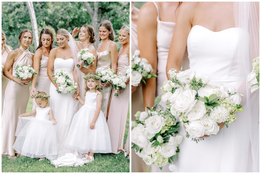Close up of white bridal and bridesmaid bouquets.
