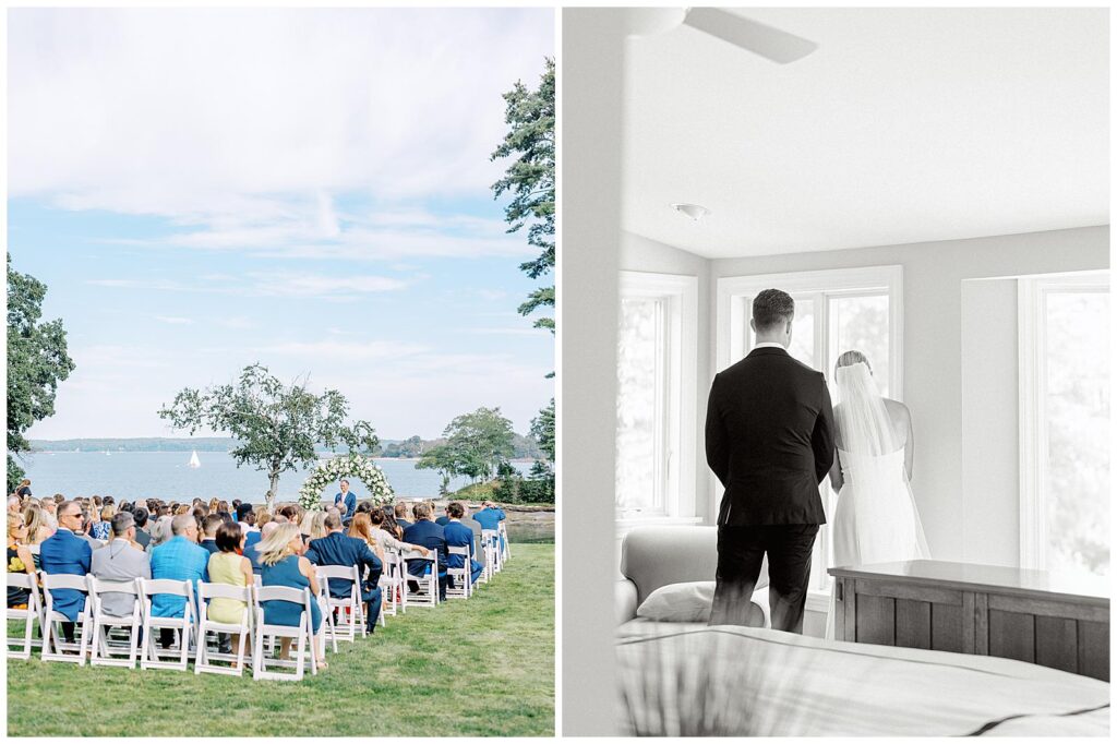 Guests sit before the private residence Maine wedding while bride and groom watch.