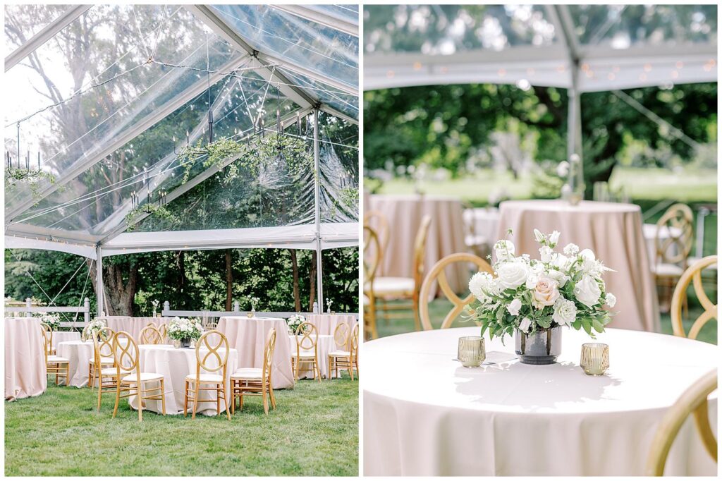 Clear Sperry Tent wedding reception decor with pink linens.