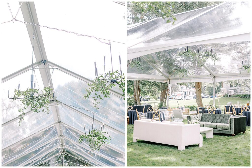 Clear Sperry Tent cocktail-style reception decor with a cozy lounge area.