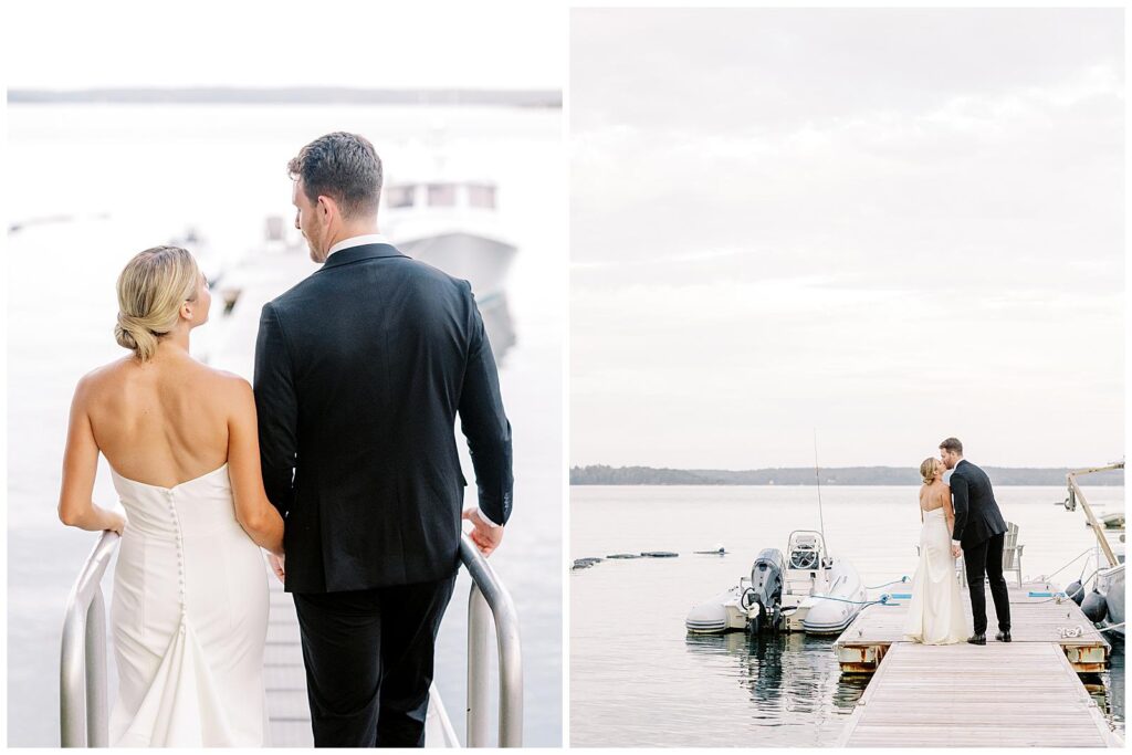 Bride and groom walk on a dock in Maine.