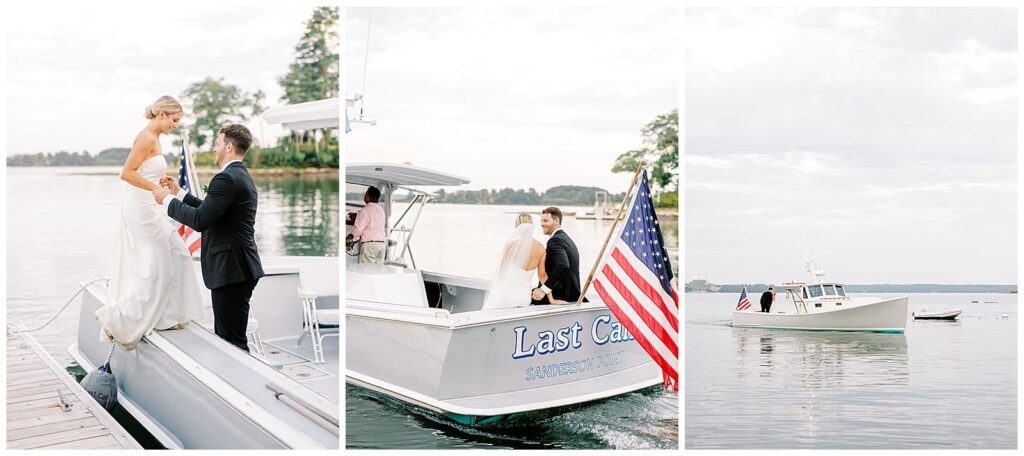 Bride and Groom take a boat ride on a lobster boat in Portland, Maine.