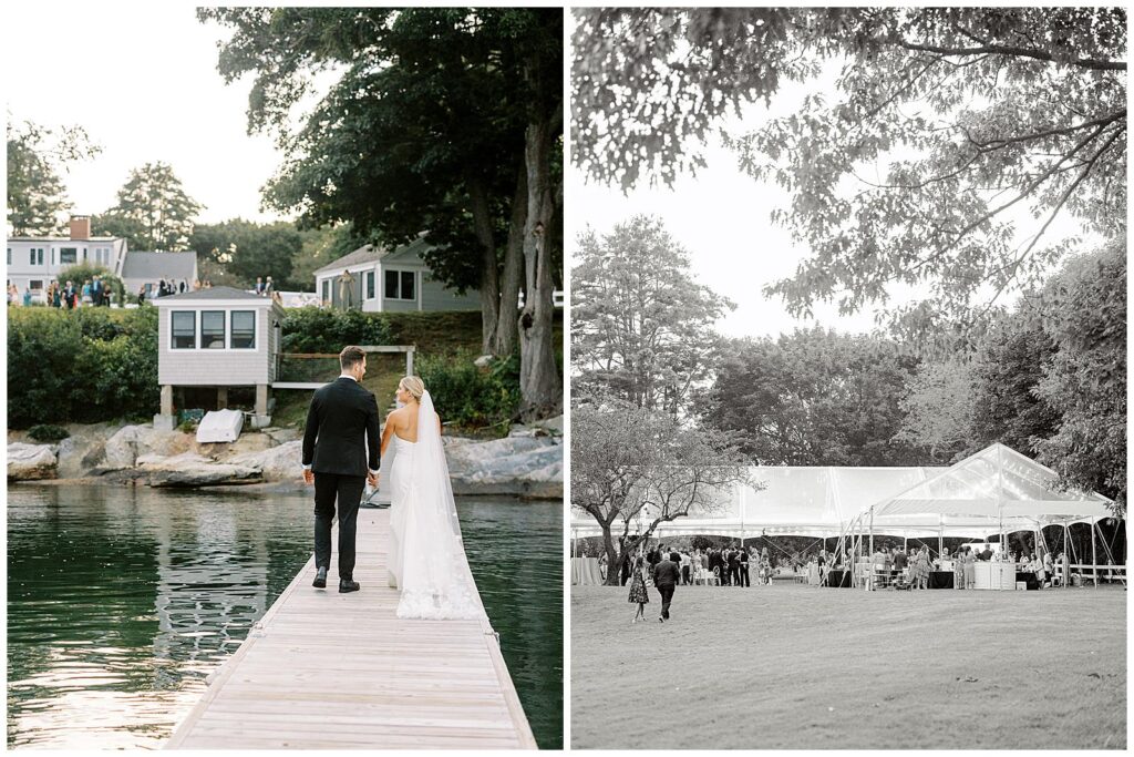 Bride and groom walk to their reception in Maine