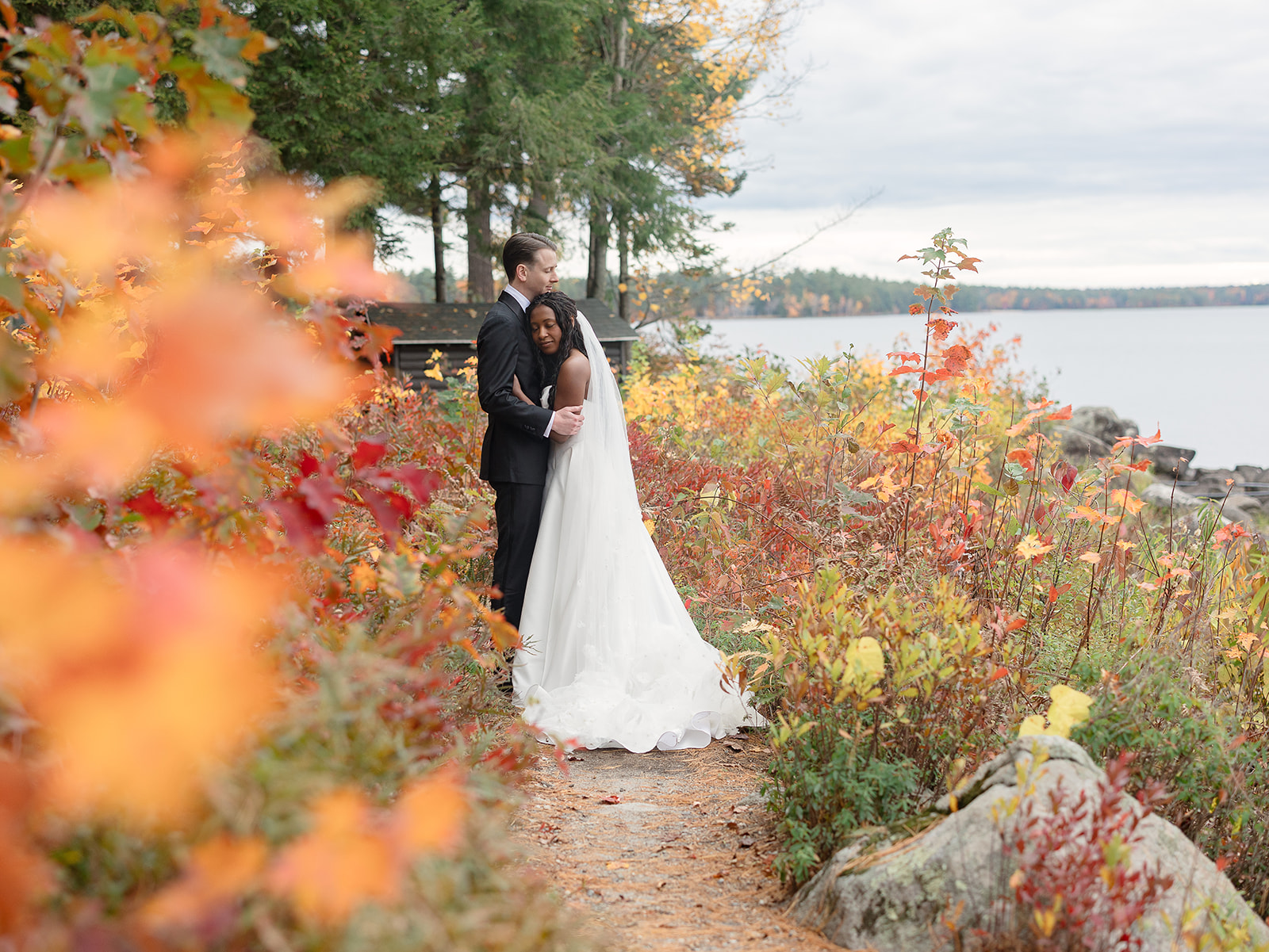 Bride and groom at their fall wedding in Maine